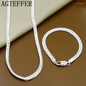 Kedjor S925 Sterling Silver 2 Piece 5mm Hela Sideways Chain Necklace Armband för kvinnor Män Fashion Jewelry Set Wedding Giftchains Heal22