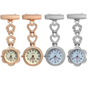 Fashion Watch Women Men Diamond Pocket Nurse Clock Doctor Pin Brooch Steel Crystal Rose Gold Heart Flower Fob Nurse Watches Gift