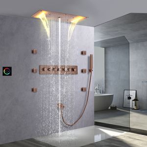 Ceiling Rainfall Concealed Shower System 700X380mm LED Shower Head Bathroom Thermostatic Brown Shower Set