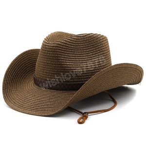 Sommer-Strohhut für Männer und Frauen, Strand, Jazz, Panamahüte, Fedora, breite Krempe, Sonnenschutzkappe mit Gürtel, Cowboyhut