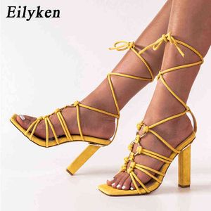 Sandals Eilyken Summer Narrow Band Metal Decoration Sandals Women Ankle Lace Up High Heels Cross Bound Square Nose Female Party Shoes 220318