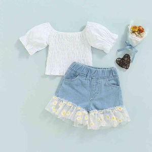 Citgeett Summer Kids Girls Pants Passar White Short Sleeve Tops and Denim Shorts Daisy Print Yarn Zoom Clothing Set J220711