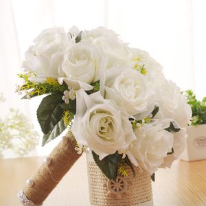 Vit konstgjord brudbukett brud bröllop blommor linne hanterar romantiska buque de noiva w3019b