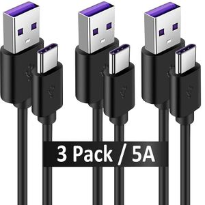 USB Type C Câble de charge rapide 3 Pack 5A PVC CODE DE CHARGE FAST SACE Câble USB C pour Samsung Galaxy Note 20 10 9 8 S8 S9 S10 10
