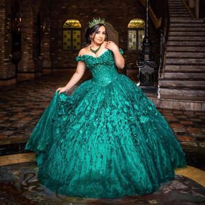 Hunter Green Quinceanera Dresses Flower Off The Shoulder Beaded Lace Appliqued Ball Gowns Sweet 15 Vestidos 16 Prom Dress