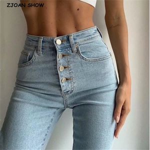 Vintage mager fyra knappar hög midja blyerts jeans kvinnor smal fit stretch denim byxor full längd denim tät byxor 220624