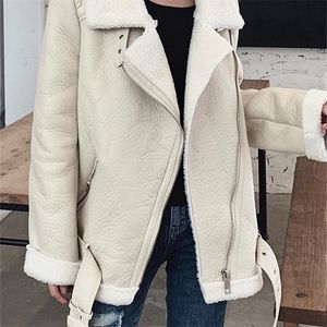 Ailegogo Women Lamb Fur Faux Leather Jacket Coat Turn Down Collar Winter Thick Warm Zipper With Belt Outerwear 220815