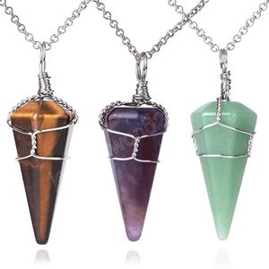 Wire Wrap Cone Crystal Pendant Rostfritt stålhängen Helande stenkristaller Halsband Stone Amethyst Pink Quartz Obsidian