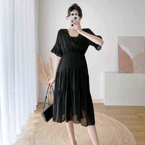 Summer Loose Fashion Short Sleeves Pregnant Women Chiffon Dress Hollow Out Lace Vneck Patchwork Maternity Party Dress Elegant J220628