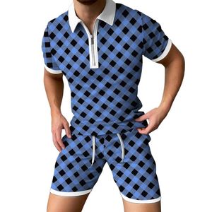 Herrspårar Mensmönstrad kostym Spring/Summer Short Sleeve Zipper Lapel Plaid Print Casual Men Overrock Three Piece Suite för Menmen's