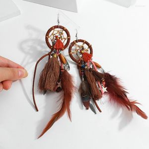Dangle & Chandelier AMORCOME Bohemian Feather Long Tassel Earrings For Women Brown Leather Geometric Round Pendants Hanging Jewelry Kirs22