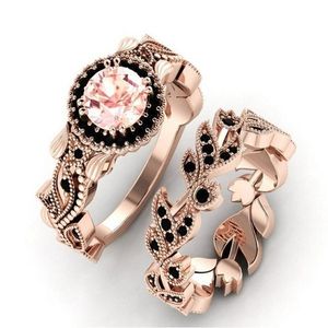 Eheringe Exquisite Luxus Rose Gold Blume Blatt Set mit rosa Zirkon Ring Mode übertrieben aushöhlen schwarz Paar SetHochzeit Weddin