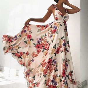 V- 넥 섹시한 고삐 벨트 인쇄 큰 스윙 여름 드레스 민소매 및 발목 숙녀 긴 치마 활 비치 스커트 여자 드레스 220517