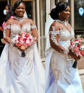 Plus Size Arabisch Aso Ebi Luxuriöses glitzerndes Meerjungfrau-Hochzeitskleid mit abnehmbarer Schleppe, Stehkragen, langen Ärmeln Brautkleider Kleider Vestidos de Novia
