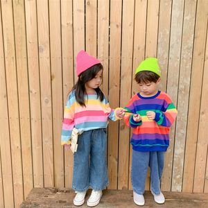 Hoodies Sweatshirts Korean Style Autumn Boys Girls Casual Rainbow Striped Swea 220824