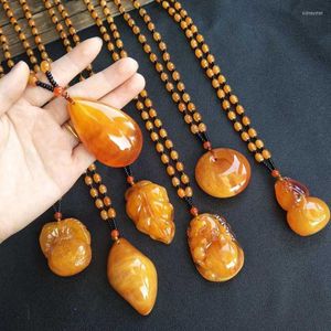 Pendant Necklaces Chinese Yellow Beeswax Sweater Necklace Water Drop Flowers Gourd Leaves Amber Men Women Jewelry ChainPendant Sidn22