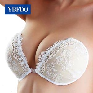 White Lace Embroidery Bra Sexy Women Invisible Self adhesive Silicone Bust Front Closure Sticky Backless Strapless
