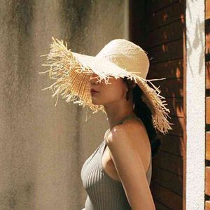 جديد يدويا المرأة القش الشمس القبعات كبيرة واسعة بريم جيلير جودة عالية الطبيعية رافيا بنما شاطئ سترو شمس قبعات لقضاء عطلة G220301