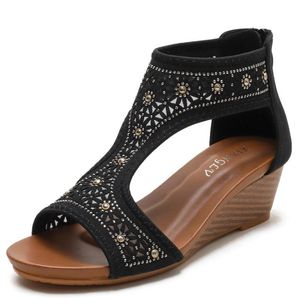 Sandals Plus Size 41 42 Women Mid Wedges Heel Bling Diamond Open Toe T-strap Back Zip Up Female Casual Summer Shoes 342Sandals