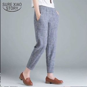 到着夏の女性のズボン縞模様の綿のリネンズボン韓国のファッションプラスサイズの高い腰の薄いカジュアルハーレム10299 220325