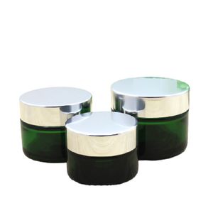 Taşınabilir yeşil cam krem ​​kavanozlar kozmetik doldurulabilir şişe parlak gümüş kapak yüksek kaliteli boş cilt bakımı yüz krem ​​örnek tencereler 20g 30g 50g