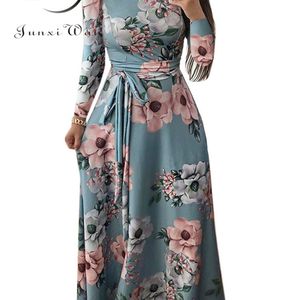 Mulheres verão vestido longo casual manga longa boho floral impressão maxi vestido gola alta bandagem vestidos de festa elegantes 220531