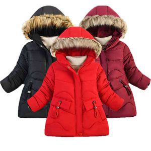 2021 New Winter Keep Warm Girls Jacket Thick Fur Collar Long Style Fashion Hooded Outerwear For Kids Children Heavy Jacket J220718