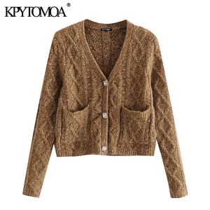 KPYTOMOA Women 2021 Fashion Bejewled Button Cotted Knited Cardigan Sweter Vintage Długie rękawie szykowne topy 210204