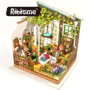 Robotime Drop Diy Dollhouse Miniature with Light Doll House Furniture Wood Dollhouse Kits Gift Toys for Children LJ201126