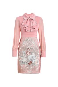 衣料品ピンクファッションデザイナーサマーショートドレス女性長袖パッチワークフラワープリントビンテージジャックドレス2022
