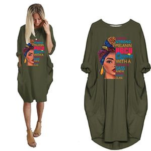 Moda autunno Abito africano per donna Tasca nera Belle lettere Stampa T-shirt Abiti Plus Size Midi Robe Femme 226014