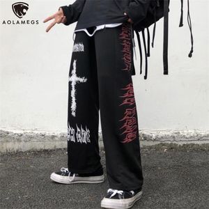 AOLAMEGS Gothic Spodnie Mężczyźni Japoński Dorywczo Spodnie dresowe Graffiti Anime Punk Hippie Wide Noga Spodnie Harajuku High Street Streetwear 220325