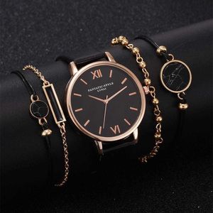 5 stücke Set Top Stil Mode frauen Luxus Leder Band Analog Quarz Armbanduhr Damen Uhr Frauen Kleid Schwarz uhr