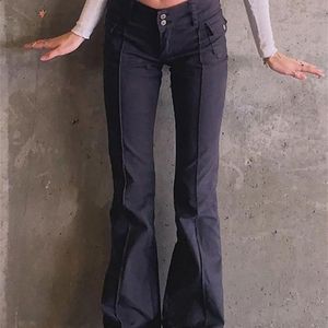 Allneon Indie Eesthetics Slim Low Midje flare Egirl Vintage Pockets Solid Y2K Pants Autumn 90s Fashion Black Trousers 220811