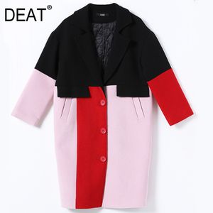 DEAT Autumn Winter Fashion Casual Loose Hit Color Long Sleeve Lapel Collar Slim Woolen Coat Women AM939 201102