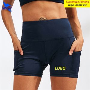 Mulheres rápidas seco Pressione shorts de ioga com calças de ginástica de ginástica de cintura alta de cinto de bolso Personalize 220704