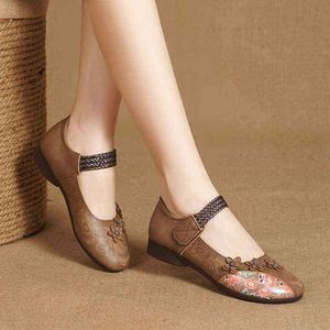 Designer-Frühling und Herbst neue Blumen chinesischen Stil Druck Mode dicken Absatz flacher Mund weiche Oberfläche Mutter einzelne Schuhe Damenschuh