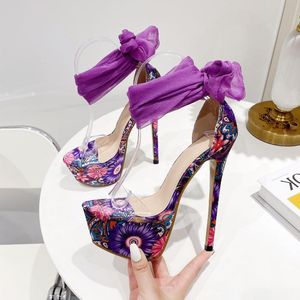 Sandals Summer Floral Print Women Fashion Lace up High Heels CM Waterproof Platform Sexy Club Party Shoessandals