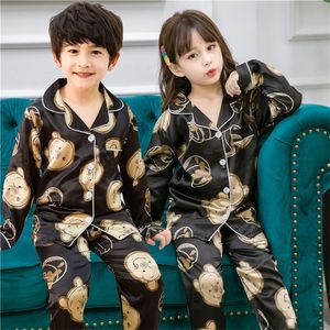 Pijama de cetim da menina Spring Autumn Kids Pijama de seda para meninos Suporta de manga longa Terno infantil Pijama 3 6 9 12 14 anos 220706