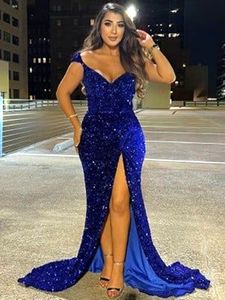 Glitter Royal Blue Sequined Mermaid Prom Dresses Off Shoulder Leg Side Split Long Formal Evening Gowns Shiny Pageant Special Occasion Dress For Women