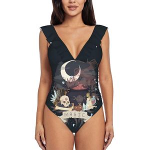 Damen-Bademode Magic Vibes Damen-Badeanzug mit Rüschen, sexy Body, Monokini-Badeanzug, Pixelart Witch Occult CauldronWomen's