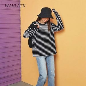 Wavlatii Kobiety Z Długim Rękawem T Koszulki Kobiet Bawełniane Białe Czarne Paski Tees Lady Oversized Spring Casual Topy WLT2107 220328