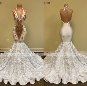 White Gold Mermaid Long Prom Dress Sexy Backless Sparkly Sequin Halter African Women Black Girl Formal Evening Party Gowns B0425