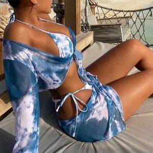 4 Piece Tie Dye Bikini Ladies Split Swimsuit Swimwear Women Mesh Push Up Vikini Sexy Girl Buttocks Swimmwear Bathing Suit 220408