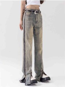 Hög midja bred ben Zipper slits Jeans Kvinnor Summer American Design High Street Straight Pants Loose Denim Blue Trousers Female T220728