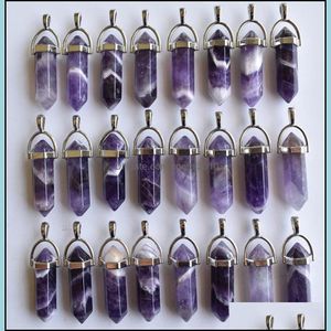 Konst och hantverk Amethyst Hexagonal Pillar Charms Quartz Crystal Natural Stone Pendants For Necklace Earrings Jewelry Making Sports2010 DHS1U