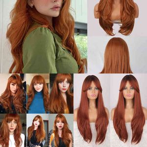 Synthetic Wigs for Women Long Wavy Red Brown Copper Ginger with Bangs Straight Ombre Cosplay Wig Heat Resistat 220622