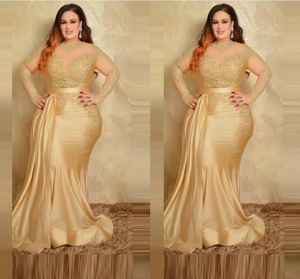 Gold Plus Size Satin Formal Evening Dresses Elegant Long Sleeves Gold Lace Applique Tulle Ruched Formal Party Special Occasion Dress