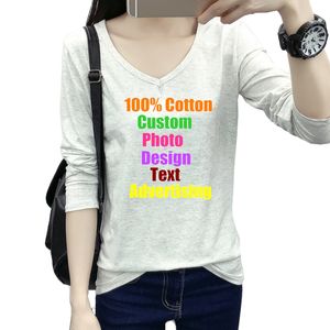 Solid Korean Preppy Japan Women Long Sleeve V Neck T shirt Cotton Loose Custom P o DIY Text Printed Female T shirt Tops 220621