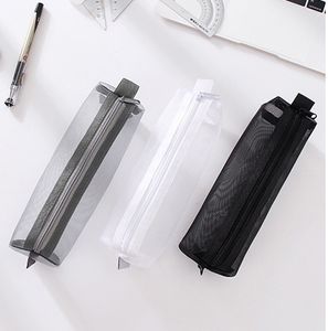 DHL200pcs Stuff Sacks Student Mesh Transparent Solid Long Pencil Bag Mix Color